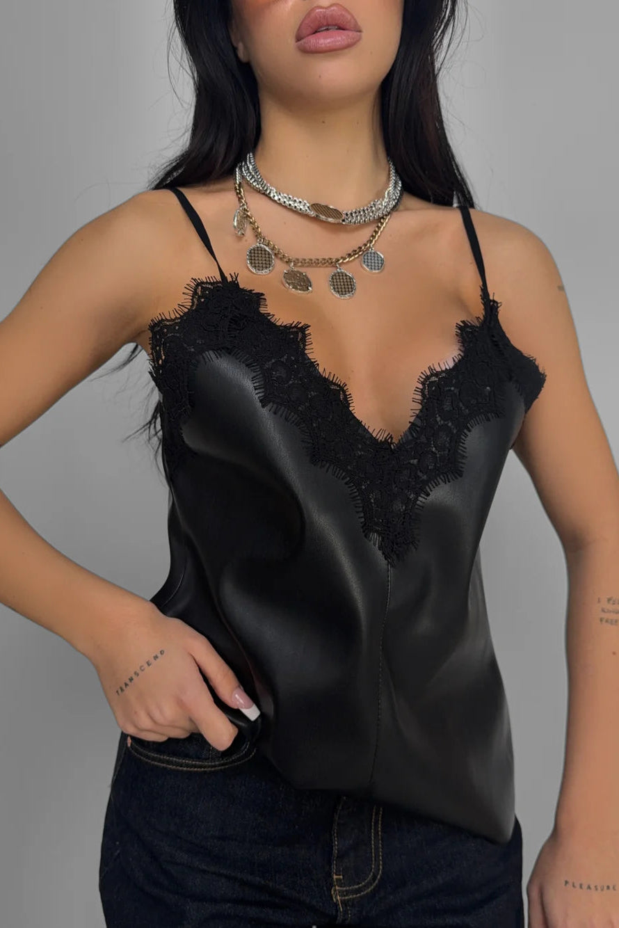 BLUSA LENCERA POLIPIEL NEGRA