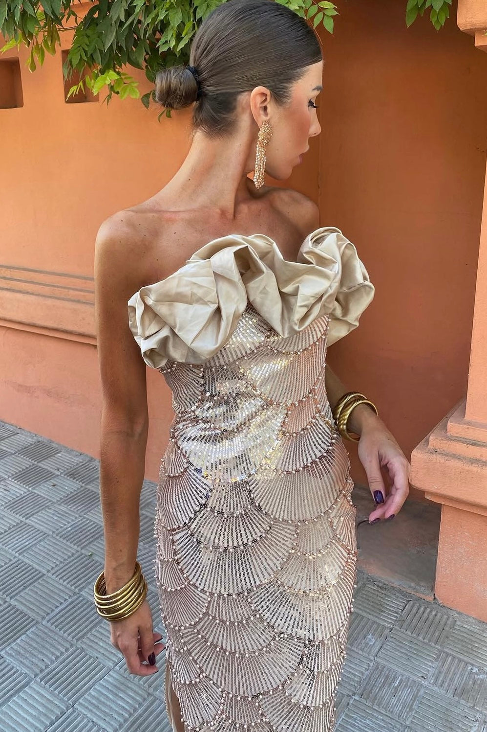VESTIDO GALA ORO/BEIGE