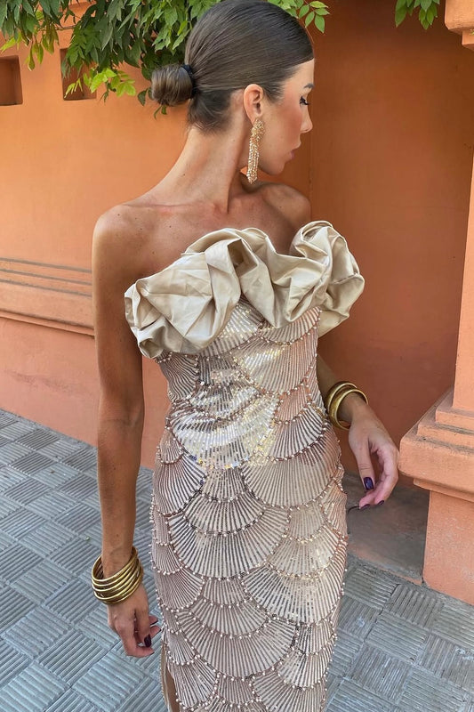 VESTIDO GALA ORO/BEIGE