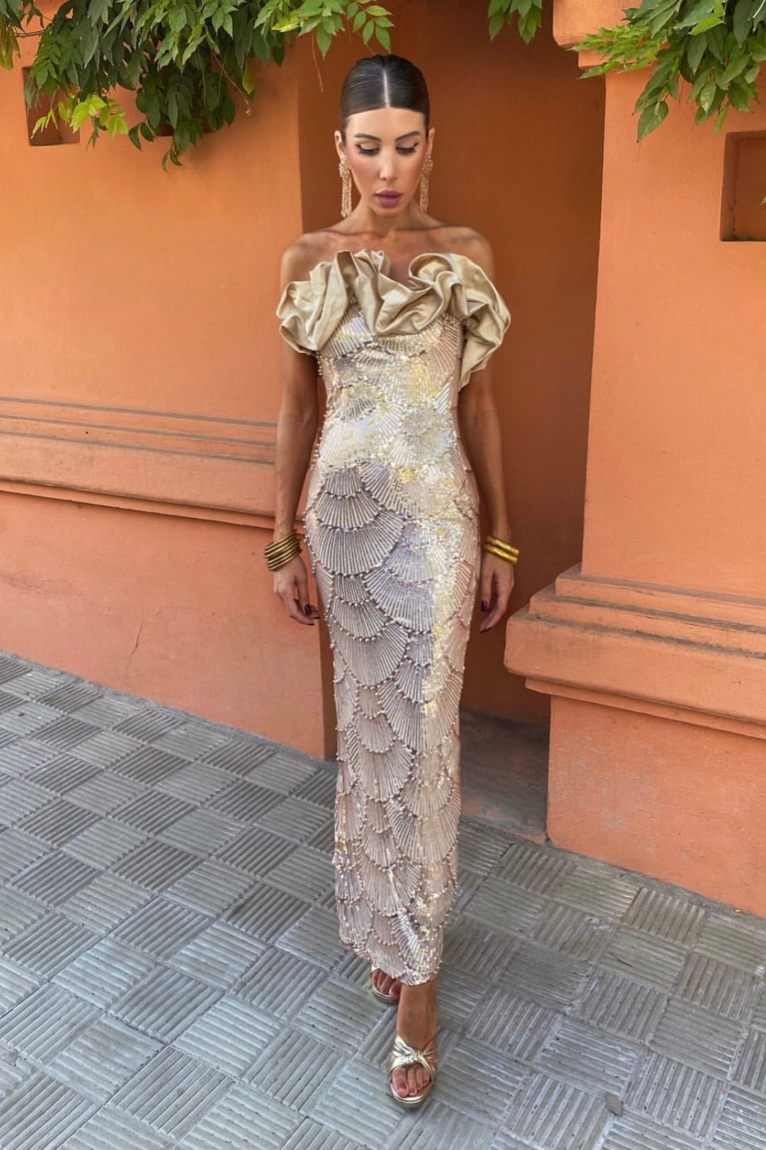 VESTIDO GALA ORO/BEIGE