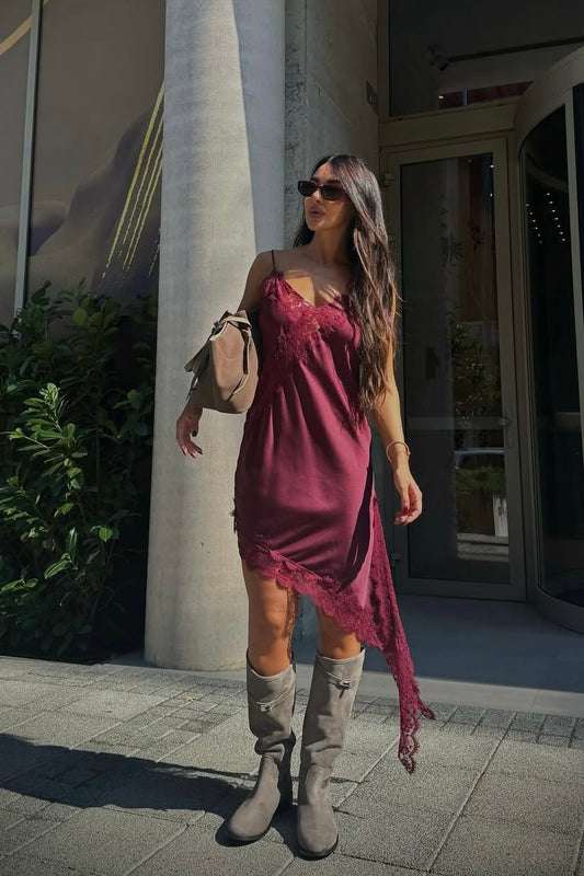 VESTIDO LENCERO ENCAJE BURDEO